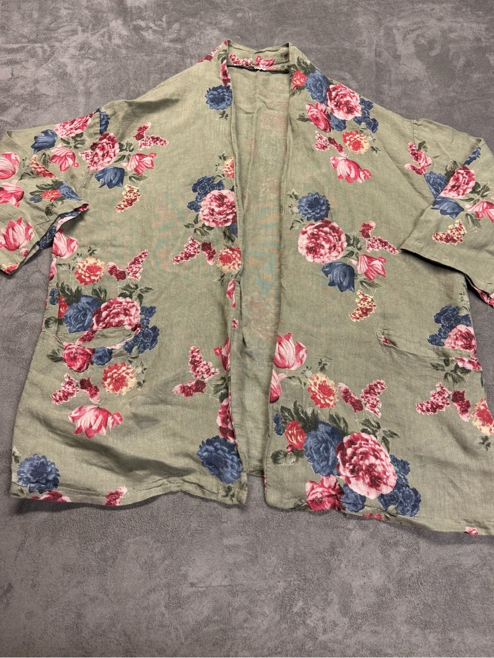 100% Linen Green Floral Open-Front Blazer Jacket - Made in Italy
